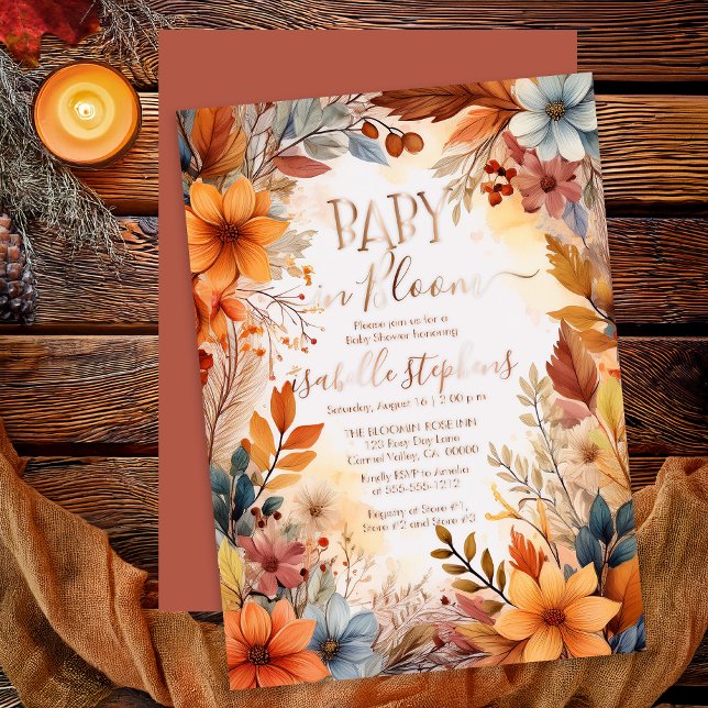 Boho Baby in Bloom Fall Floral Frame Baby Dusche Folieneinladung (Boho Baby in Bloom Fall | Autumn Floral Baby Shower Rose Gold Foil Invitation)