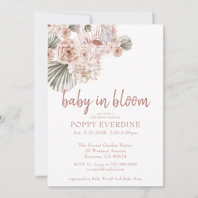 Boho Baby in Bloom Pampas Grass Girl Babydusche I Einladung (Vorderseite)