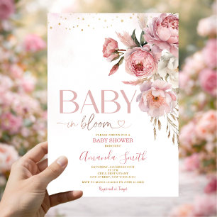 Boho-Baby in Blüte Rosa Rosen Blumen Baby Shower Einladung