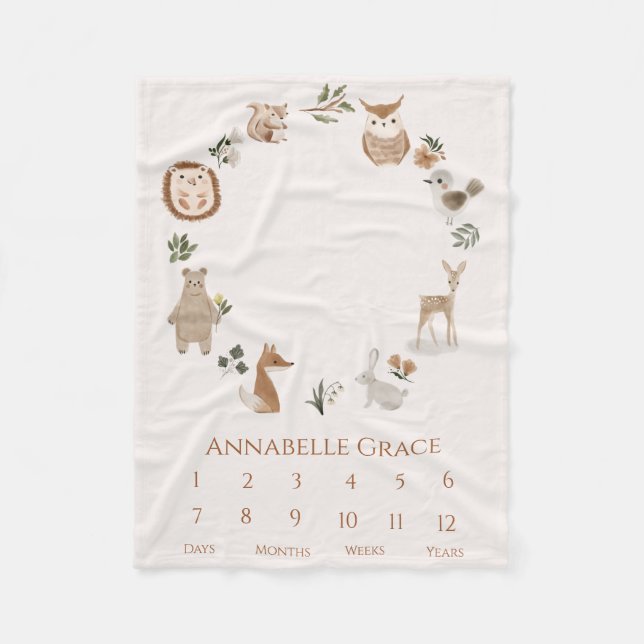 Boho Baby Milestone Woodland Animal Wreath Fleecedecke (Vorderseite)
