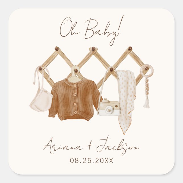 Boho Baby Neutral Dusche Einladung Quadratischer Aufkleber (Vorderseite)