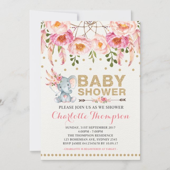 Boho Baby Shower Einladung Pink Gold Elephant (Vorderseite)