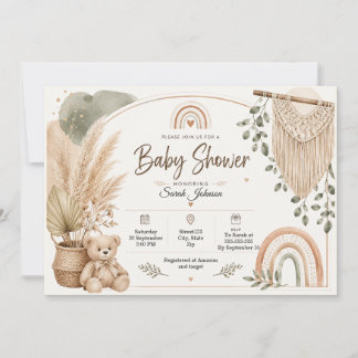 Boho-Baby-Shower-Teddy-Bär-Regenbogen-Pampas indiv Einladung