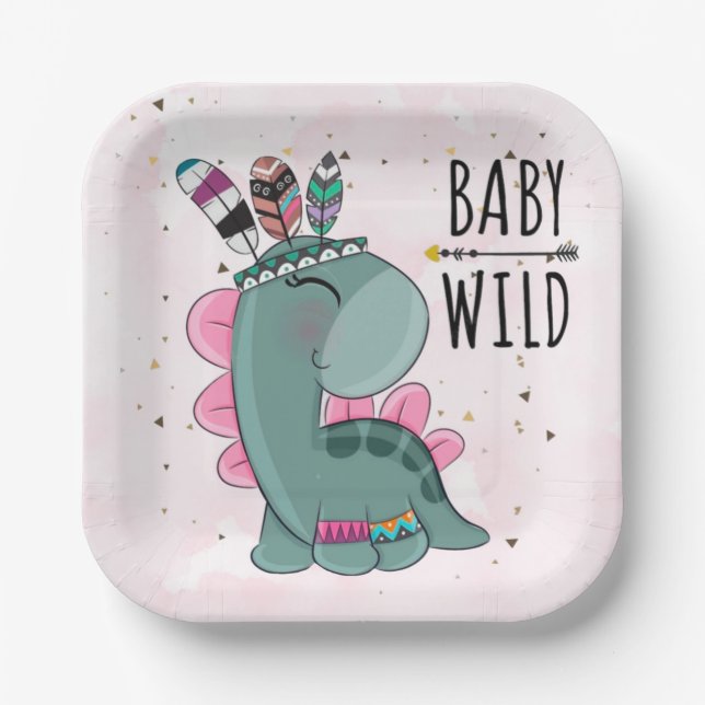Boho Baby Wild Dinosaur Girl Baby Shower Pappteller (Vorderseite)