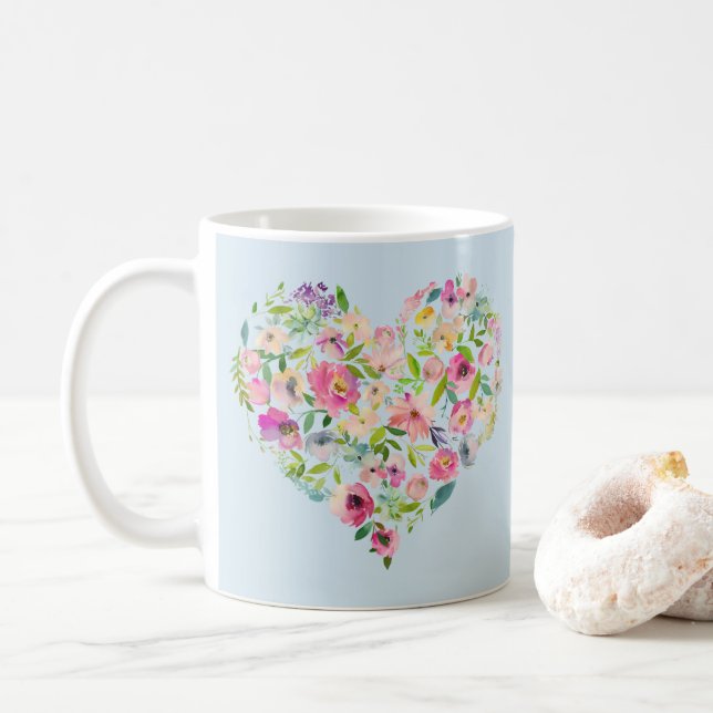 Boho Bailee | Blauer Pastel Blumenherz Initial Kaffeetasse (Mit Donut)
