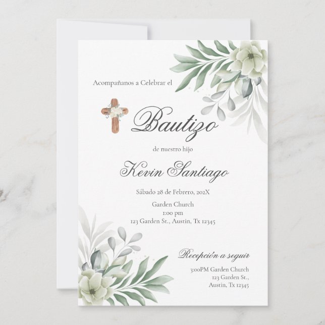 Boho Baptism Español Invitación Bloral Einladung (Vorderseite)