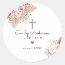 Boho Baptism Pampas Grass Christening Favor Runder Aufkleber