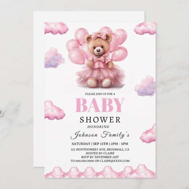 Boho Bären Baby Pink Babydusche Einladung (Vorne/Hinten)