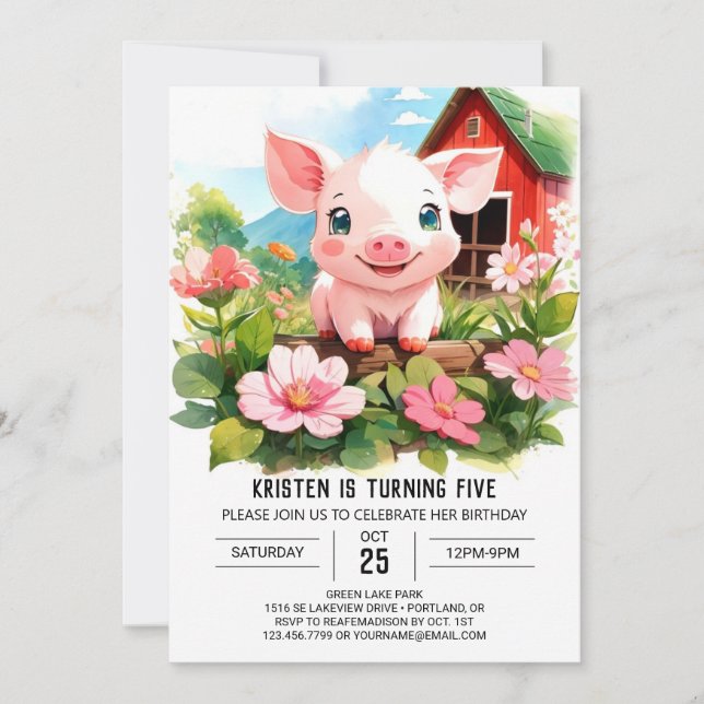 Boho Barnyard Friends Pig Girl Birthday Einladung (Vorderseite)