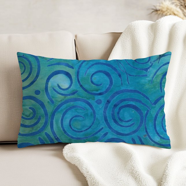 Boho Batik Blue Green Spirals Pattern Dekokissen (Von Creator hochgeladen)