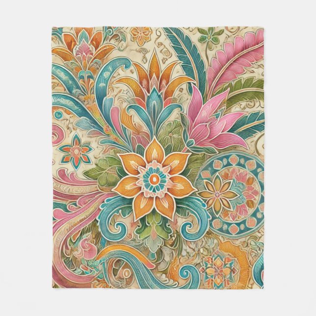 Boho Batik Floral Botanische Wasserfarbe Fleecedecke (Vorderseite)