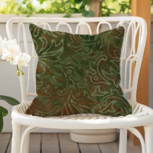 Boho Batik Grün und Rost Laubmuster Kissen