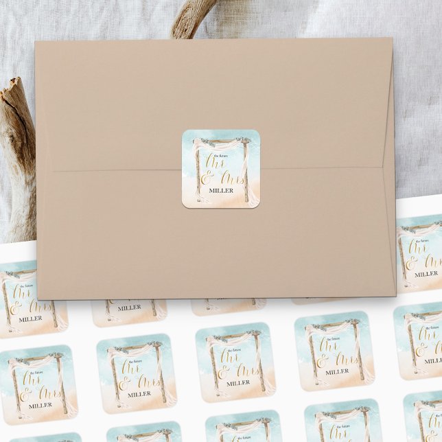 Boho Beach Arbor die Zukunft Mr & Mrs. Quadratischer Aufkleber (Von Creator hochgeladen)