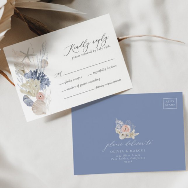 Boho Beach Elegante Romantic Blue Wedding RSVP Car Karte (RSVP Card Front/Back)