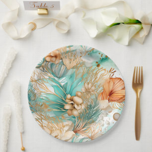 Boho Beach Floral Blue Peach Wedding Pappteller