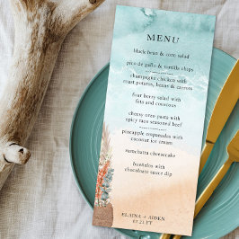 Boho Beach Hochzeit in Urlaubsort Ocean Shoreline Menükarte