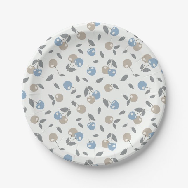 Boho Beach Kirschen - beige blaues Fruchtmuster. Pappteller (Vorderseite)