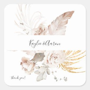 Boho Beach Tropical Beige Floral Danke Quadratischer Aufkleber