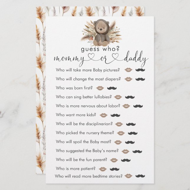 Boho Bear Baby Dusche "raten Sie, wer" Spiel (Vorne/Hinten)