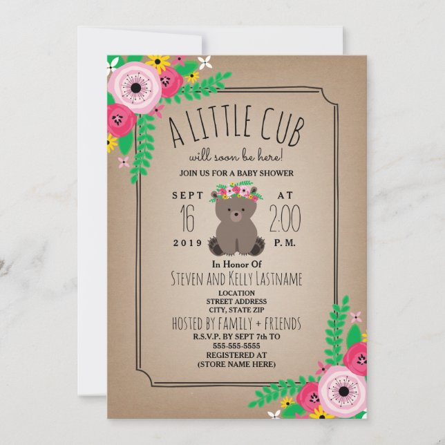 Boho Bear Cub Cardstock Inspiriert Babydusche Einladung (Vorderseite)