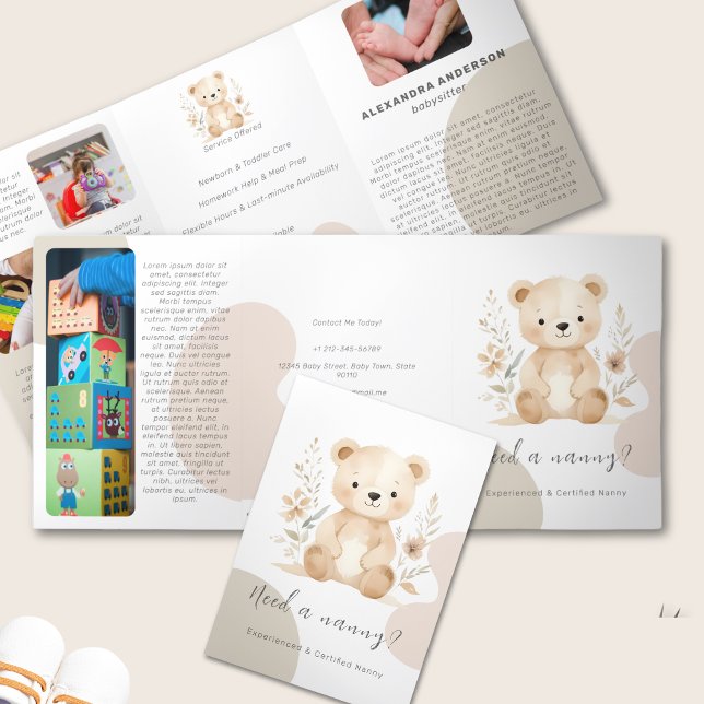 Boho Bear Watercolor Babysitter Service Dreifach Gefaltete Karte (Boho Bear Watercolor Babysitter Service Tri-Fold Card)
