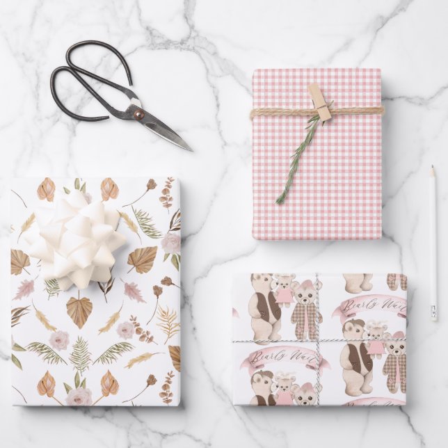 Boho Bearly Wait Bear Family Baby Duschvorrichtung Geschenkpapier Set (Vorderseite)