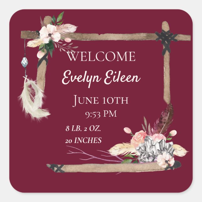 Boho Beautiful Baby Birth Stats Quadratischer Aufkleber (Vorderseite)