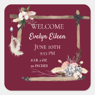 Boho Beautiful Baby Birth Stats Quadratischer Aufkleber