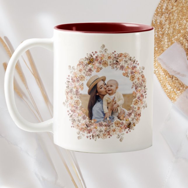 Boho Bee Watercolor Wildblume Custom Foto Mama Zweifarbige Tasse (Von Creator hochgeladen)
