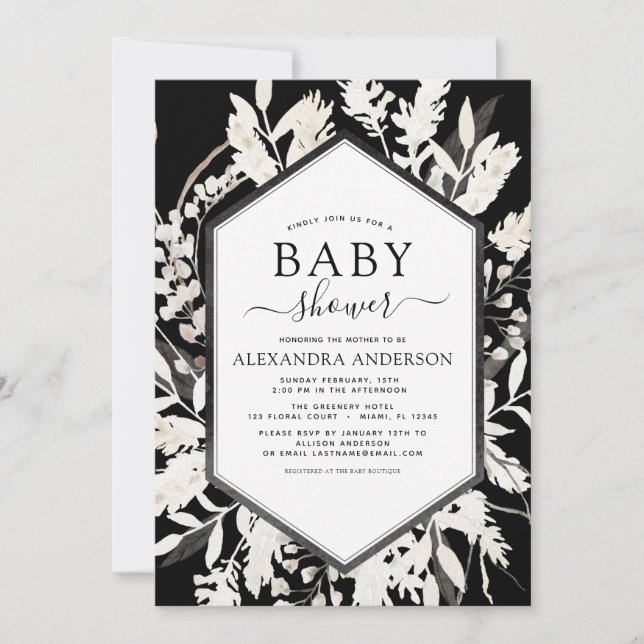 Boho Beige Black Botanical Baby Dusche Einladung (Vorderseite)