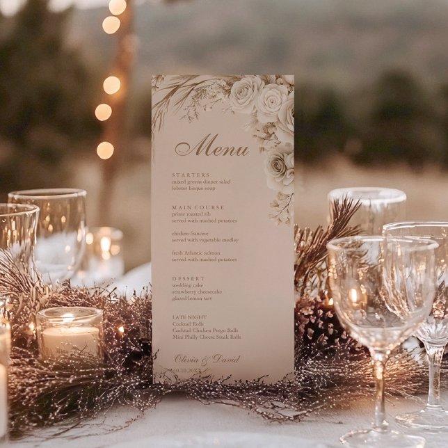 Boho Beige Blume und White Roses Wedding Menükarte (Boho Beige Dried Flower and White Roses Wedding Menu on a wedding table with glasses and candles)