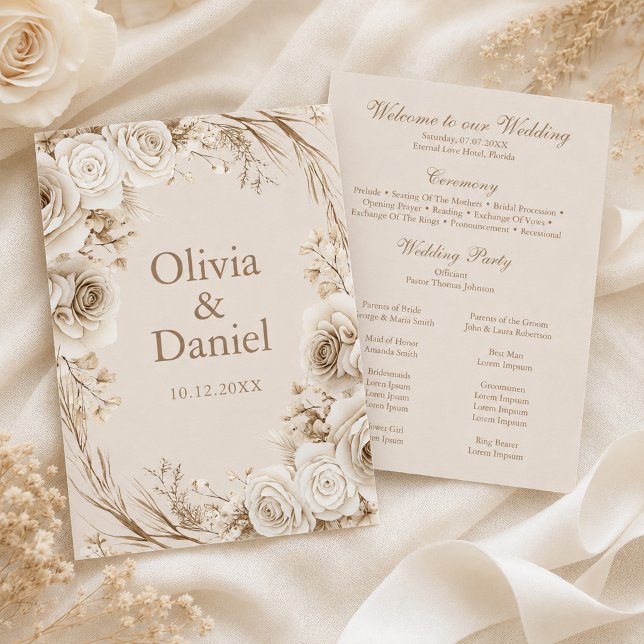 Boho Beige Blume und White Roses Wedding Programm (Ivory Roses Beige Wedding Ceremony Program with ivory flowers)