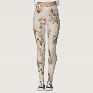Boho Beige Blumen Botanisch Rosa Grüne Blumen Leggings