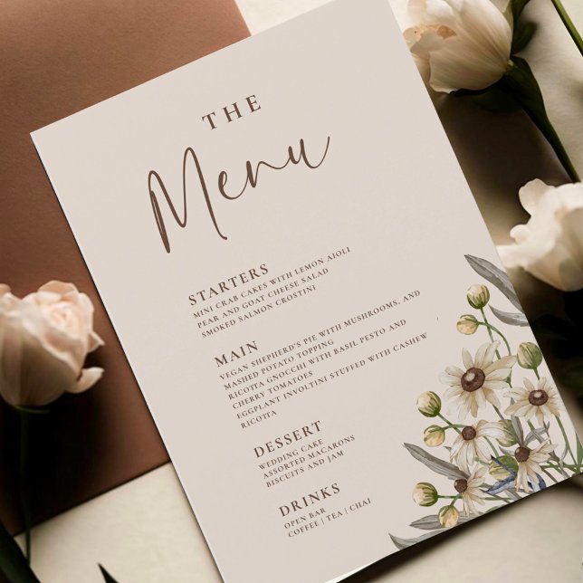 Boho-Beige-Botanik-Hochzeitsmenü Menükarte (Von Creator hochgeladen)