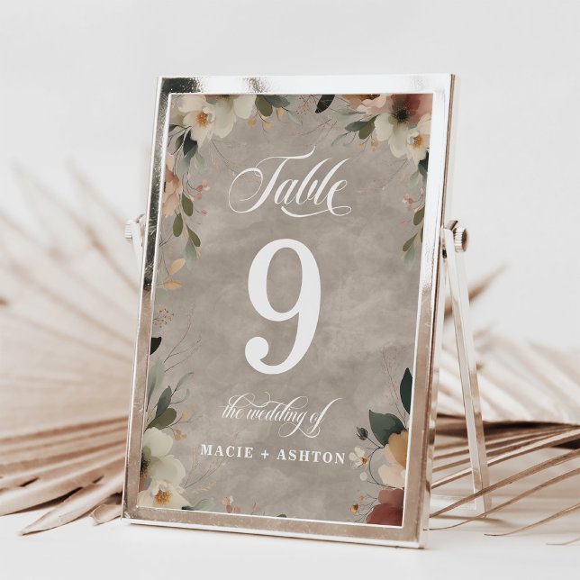 Boho Beige Cotattcore Hochzeitsempfehlung Abendess Tischnummer (Find your place in style—elegant table numbers framed in cottagecore floral designs.)