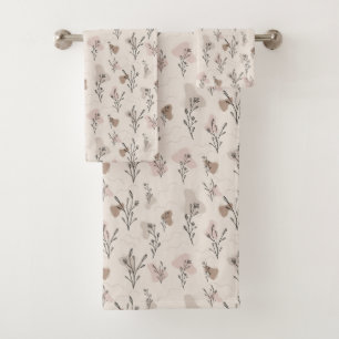 Boho Beige Creme Braun Rosa Blätter Abstrakte Form Badhandtuch Set