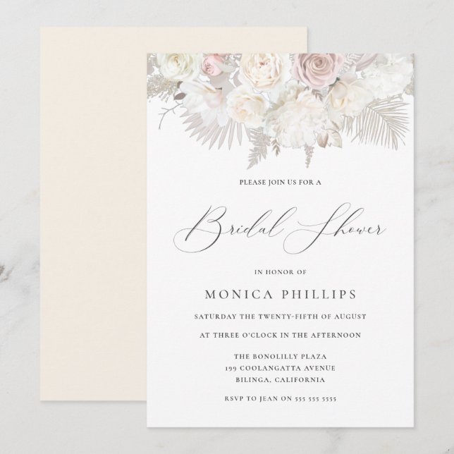 Boho Beige, Elfenbein und Brautparty Blush Einladung (Vorne/Hinten)