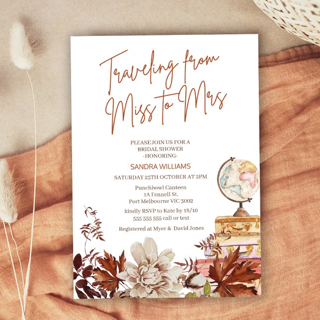 Boho Beige Fall Reise Miss Brautparty Einladung (Fall Traveling From Miss To Mrs Bridal Shower Invitation, Traveling From Miss to Mrs Bridal Shower)