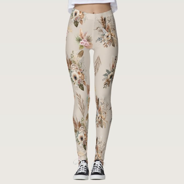 Boho Beige Floral Botanisch Pink Grüne Blume Leggings (Vorderseite)