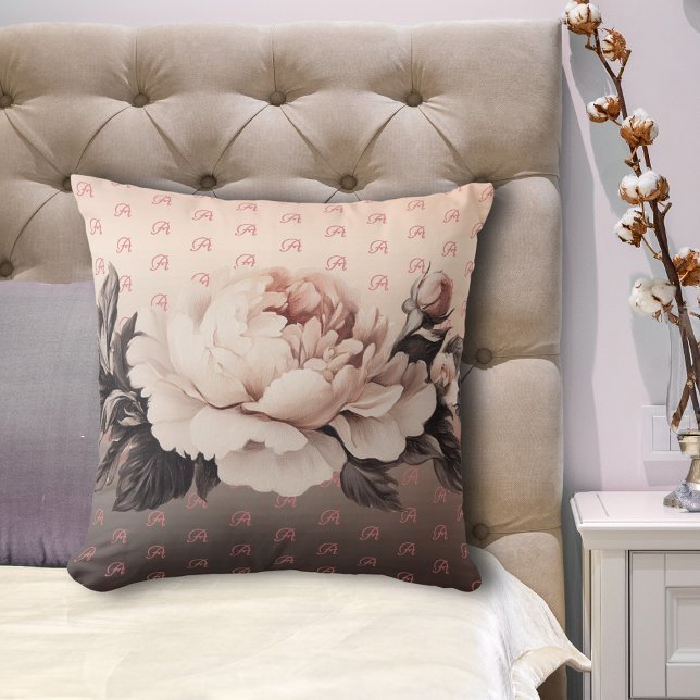 Boho Beige Floral Monogram Kissen (Boho large rose pillow with letter monogram on a bed.)