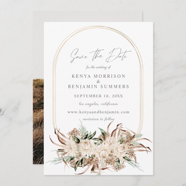 Boho Beige Floral Save the Date Foto Einladung (Vorne/Hinten)