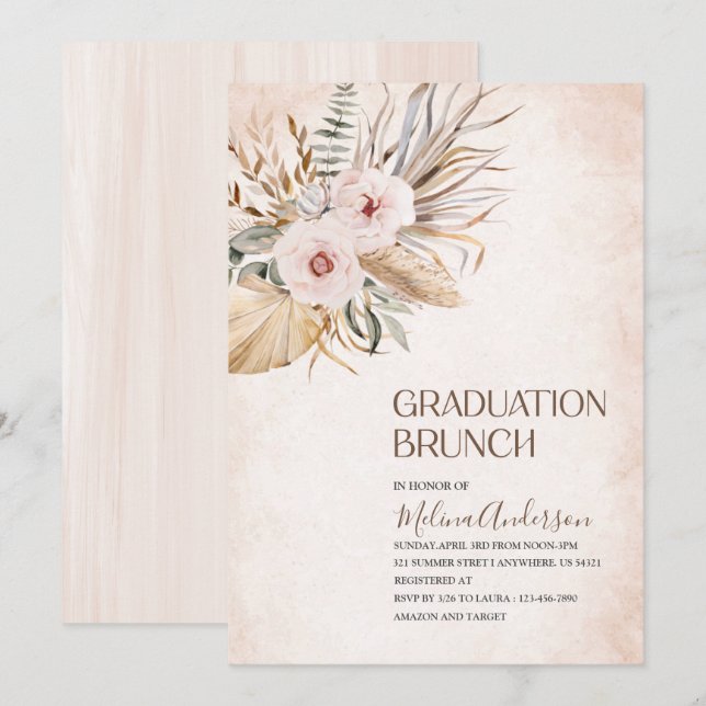 Boho Beige Floweser Aquarell Abschluss Brunch Einladung (Vorne/Hinten)