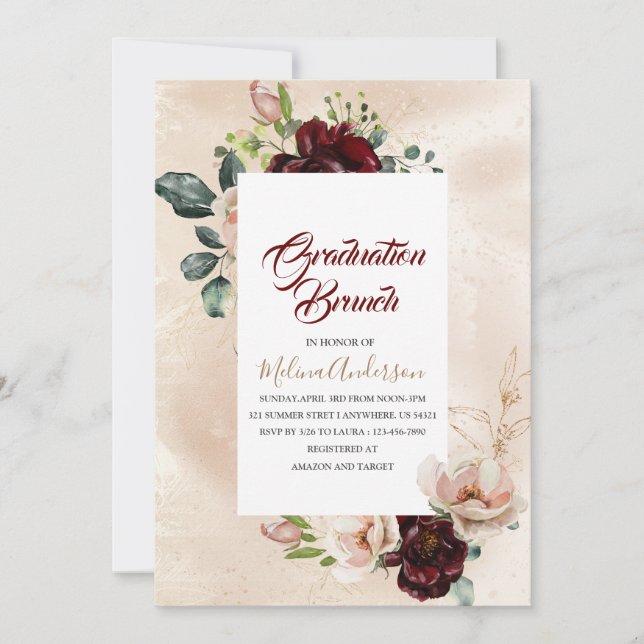 Boho Beige Floweser Aquarell Abschluss Brunch Einladung (Vorderseite)