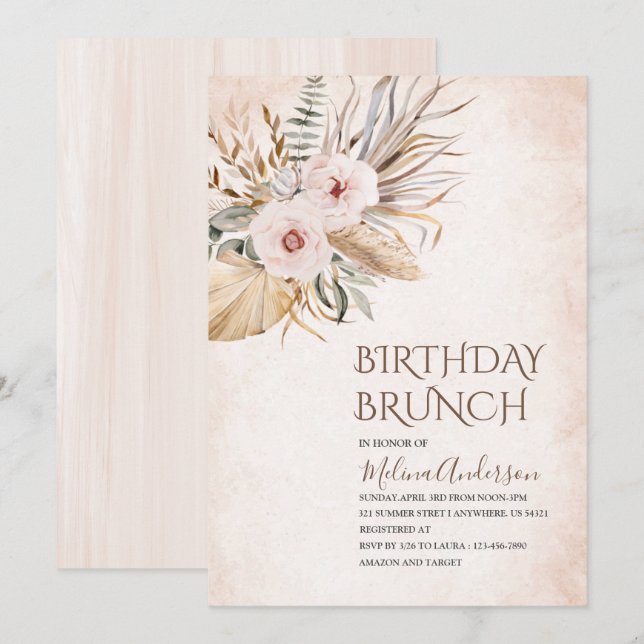 Boho Beige Floweser Wasserfarbengeburtstag Brunch Einladung (Vorne/Hinten)