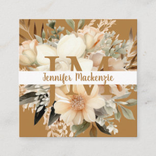 Boho Beige Gold Blumenmuster Quadratische Visitenkarte