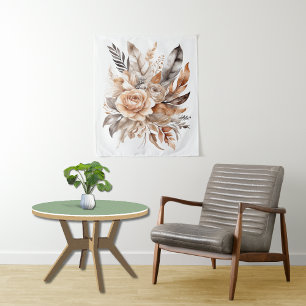 Boho Beige Grau Floral Botanisch Wasserfarbe Wandteppich