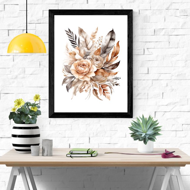 Boho Beige Gray Floral Botanical Feathers Poster (Boho Floral Feathers Botanicals Beige Gray Neutral Colors Wall Art poster)