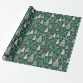 Boho Beige Green Christmas Trees Holiday Geschenkpapier