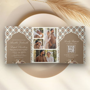 Boho Beige Ivory Ikat Foto Collage Indian Wedding Dreifach Gefaltete Einladung