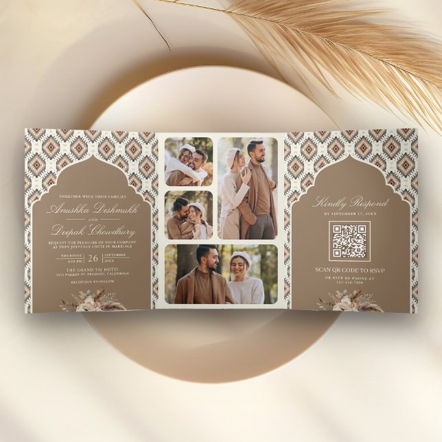 Boho Beige Ivory Ikat Foto Collage Indian Wedding Dreifach Gefaltete Einladung (Von Creator hochgeladen)